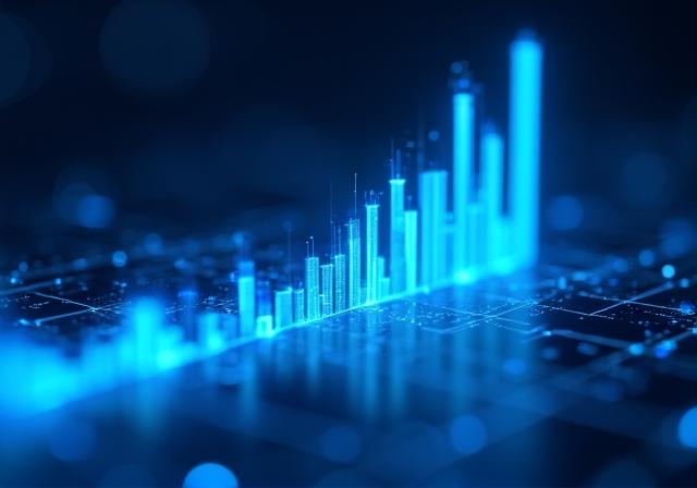 Futuristic 3D visualization of data trends and predictive curves